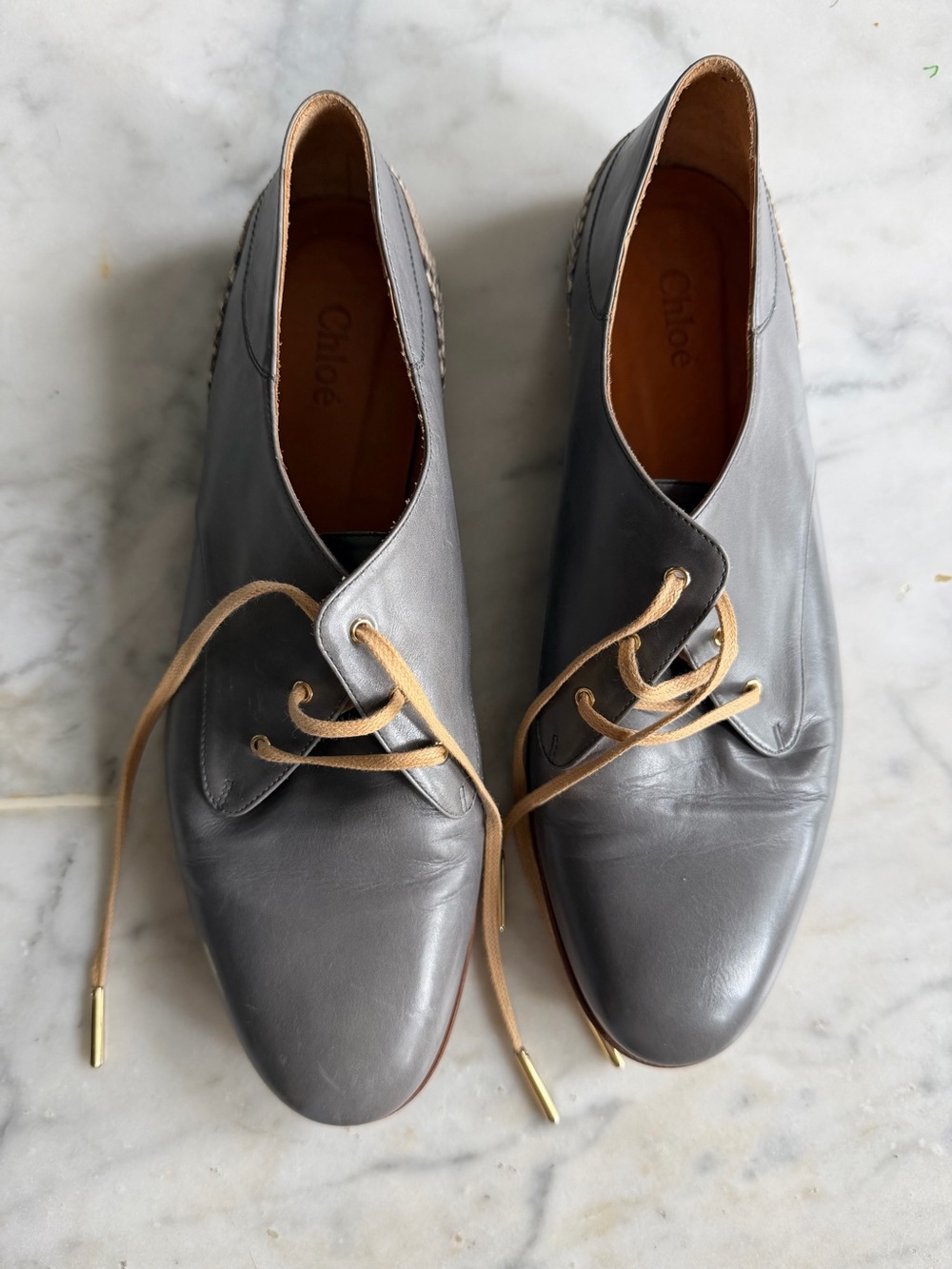 Chloe Men's Gray Leather Oxfords with Tan Laces and Snakeskin Accent - Picture 2 of 6